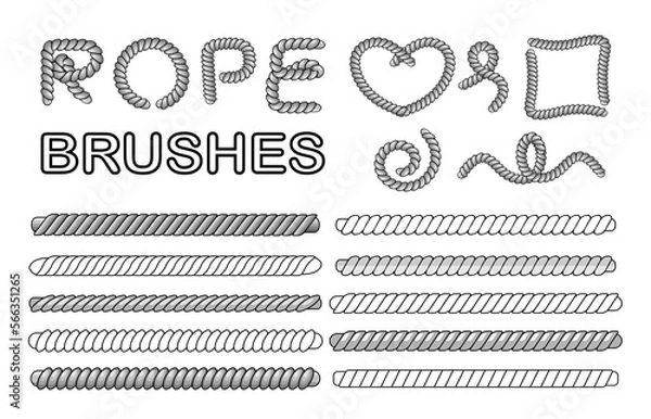 Fototapeta Rope vector brushes set, classic border texture, letter stroke, decorative element