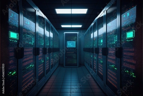 Fototapeta Cloud data center with rows of cloud-based data analysis solutions. Generative AI