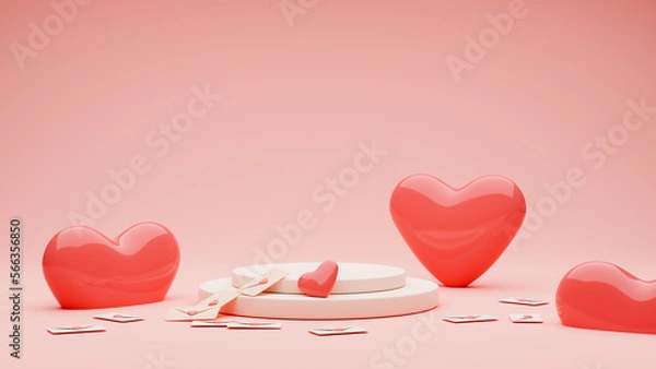 Obraz Creative scene with red hearts, envelopes and podium for product presentation on pink background. 3d render illustration. Concept for holiday, Valentine's day. Scene with empty space. 