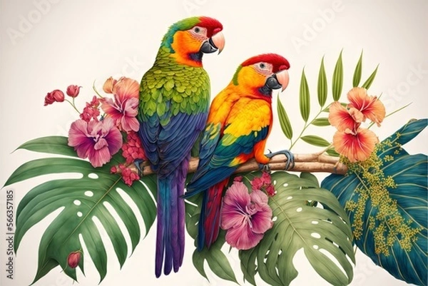 Fototapeta  two colorful birds perched on a branch with tropical flowers and leaves around them on a white background with a white back ground and a white back ground.  generative ai