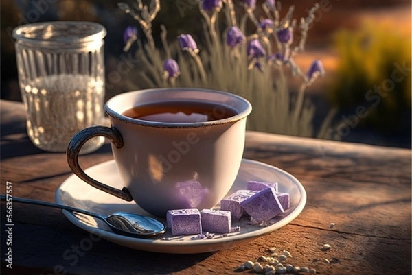 Obraz  a cup of tea and some sugar cubes on a plate with a spoon and a glass of water on a table with purple flowers.  generative ai