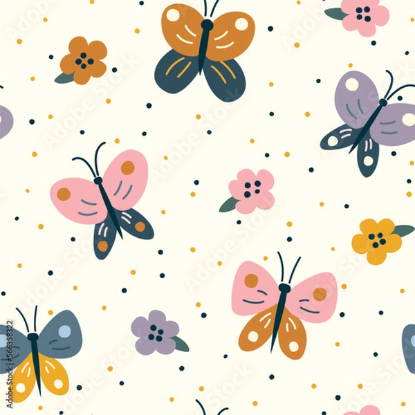 Fototapeta Seamless pattern with cartoon bright butterflies and flowers