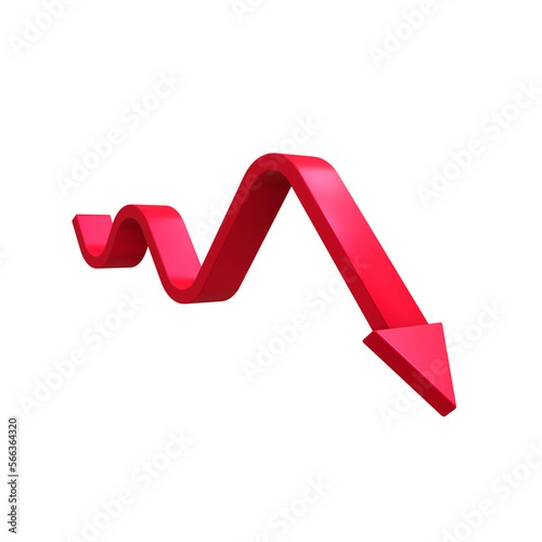 Fototapeta Red wavy volumetric arrow pointing down. Isolated on a transparent background. 3d render