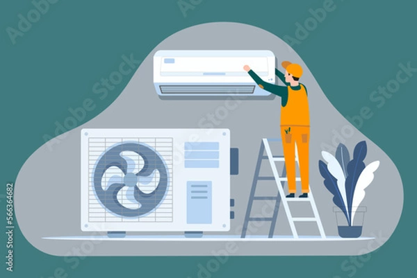 Obraz Professional worker of ventilation repair service in blue uniform stand on ladder fix or install air-conditioner on wall in office, house, appertment. Vector illustration. Vector illustration