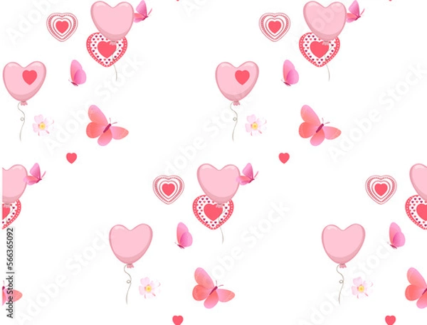 Fototapeta Vintage romantic floral background with hearts, flowers, fragile butterflies and rustic balloon, romantic moments, holidays, wallpaper design, fabric, holiday wrapping
