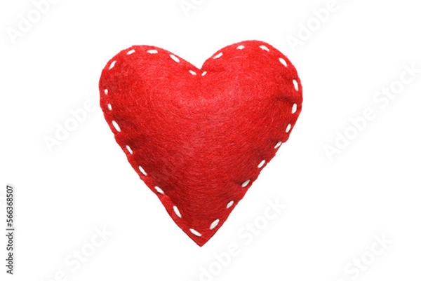 Fototapeta Red felt heart with white stitches. A symbol of love handmade sewn with thread around the edge isolated on a white background.	