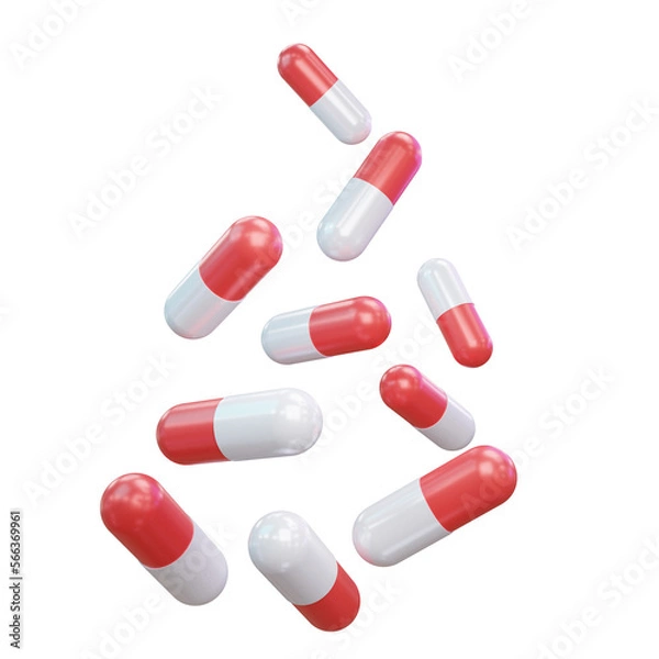 Fototapeta White and red capsules isolated on transparent background. 3d render. PNG. Tablets, medicine concept. 3D rendering, for web, ui, ux. Pills. Health	