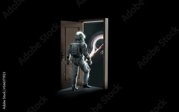 Obraz 3D illustration of astronaut opens the door to space. 5K realistic science fiction art. Elements of image provided by Nasa