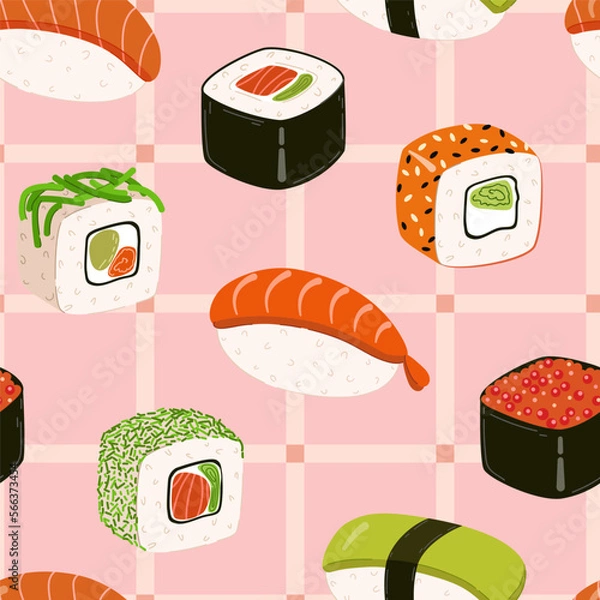 Fototapeta Seamless pattern with randomly shaped sushi