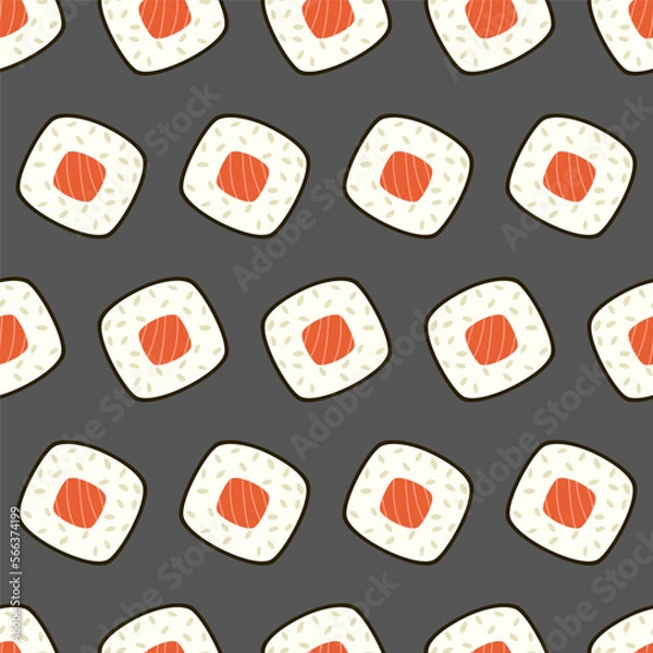 Fototapeta Seamless pattern with sushi rolls in geometric pattern on a gray background