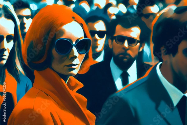 Obraz Spy woman. Illegal Mafia and woman as killer concept. AI generative. Character in glasses in crowd of peoples