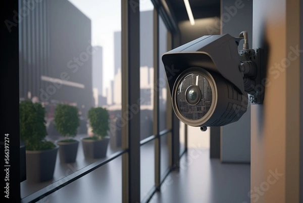 Fototapeta cctv camera installed in the office to monitor employees. Security camera in the office. Created with Generative AI technology