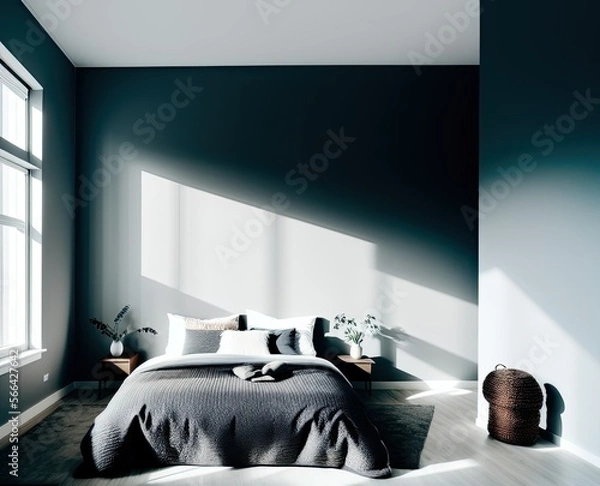 Fototapeta interior of a modern bedroom with a large window, apartment, architecture, bed, bedroom, comfort