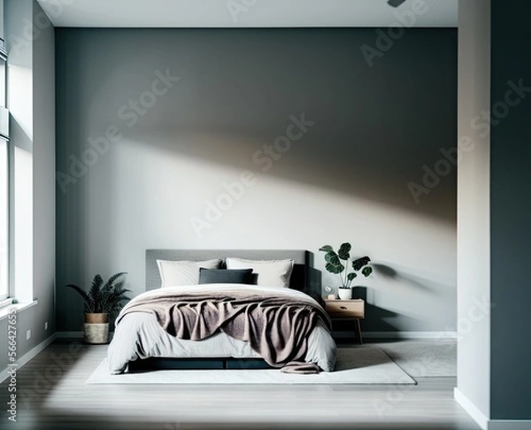 Fototapeta interior of a modern bedroom with a large window, apartment, architecture, bed, bedroom, comfort