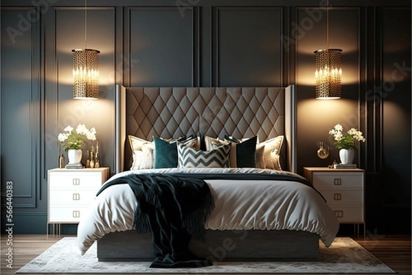 Fototapeta Stylish bedroom with a king-sized bed, large nightstands, and statement lighting. Generative ai.