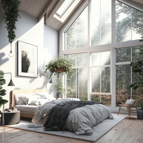 Fototapeta rendering of modern bedroom, high ceiling, bold, minimal and calm, neutral tone