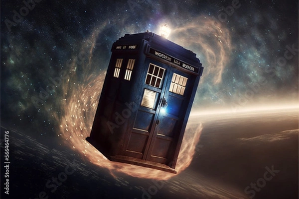 Fototapeta Science-fiction multidimension of Doctor Who, TARDIS spaceship, blue box, falling back-down through universe war, burning nights, destroying flood, world apocalypse, drop of tear saves, Generative AI
