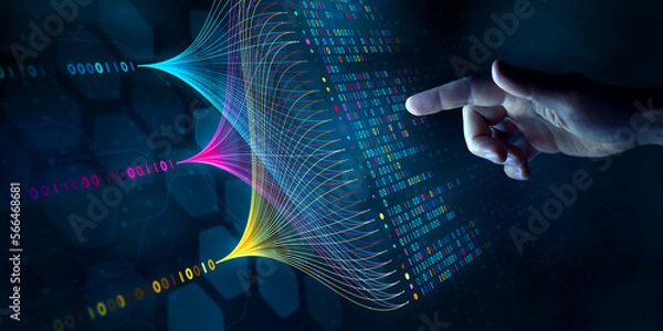 Fototapeta Big data technology and data science. Data scientist querying, analysing and visualizing complex data set on virtual screen. Data flow concept. Neural network, artificial intelligence, ML, analytics.