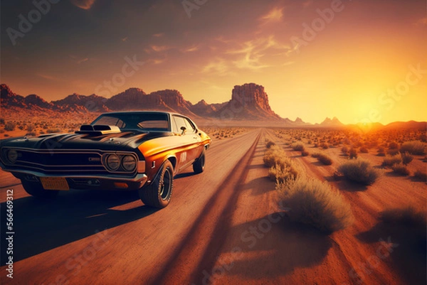 Fototapeta muscle car on desert road, Generative AI
