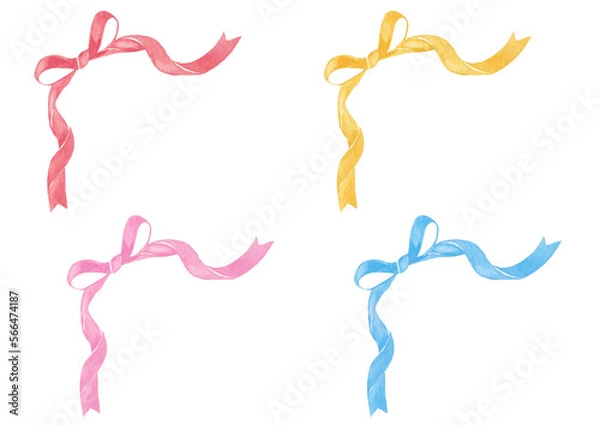 Obraz 水彩で手描きした、カラフルな蝶結びのリボンセット