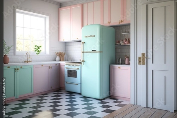 Obraz Kitchen Interior Design Mid-Century Modern Series: White walls with light wood paneling, vintage inspired furnishings, and pops of pastel hues. Generative AI
