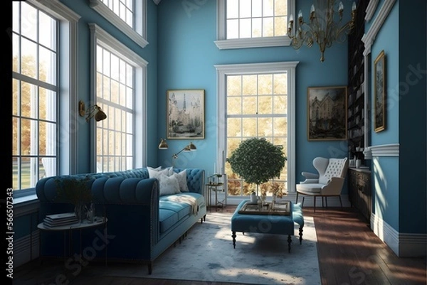 Fototapeta Modern living room with natural light, generative ai, high ceiling, and warm blue color as the wall blends in with the furniture's design.