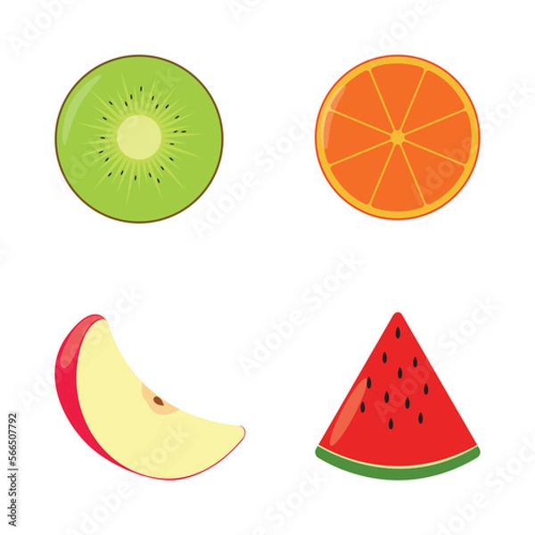 Fototapeta Set of sliced fruits icon. Kiwi, orange, apple, watermelon.