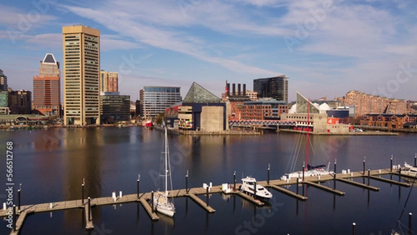 Fototapeta  A drone aerial view of Baltimore harbor, Baltimore, Maryland, USA, December 23rd 2021.
