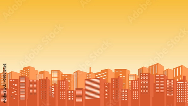 Fototapeta Illustration of a city background building in the morning with a view of orange color clouds