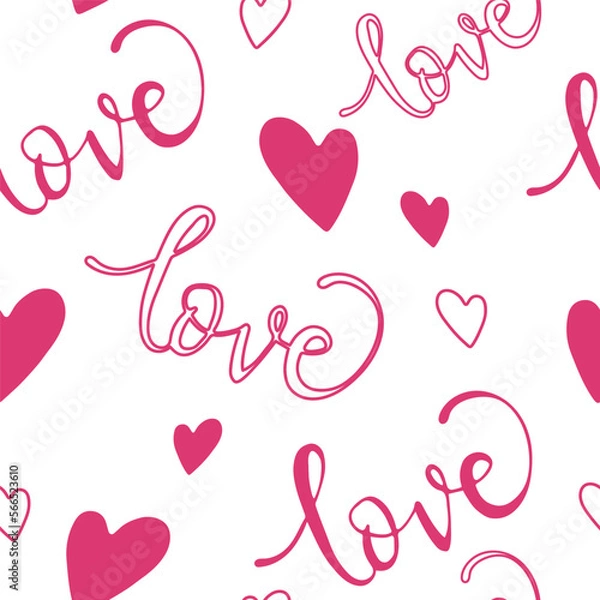 Fototapeta Seamless pattern with Handwritten Inscription Love on a white background. Pattern with Hearts. Vector illustration. The concept of Love and holiday.