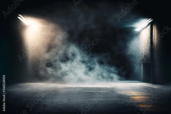 Fototapeta Science fiction interior scene- sci-fi corridor render scene with neon lights and smoke created with Generative AI technology	