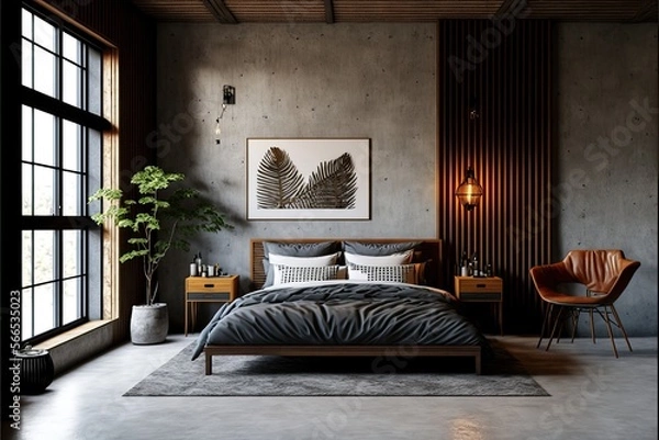 Fototapeta Modern industrial-style bedroom interior with concrete walls and a metal bed frame. The space is accented by warm wood tones and a geometric rug generative ai