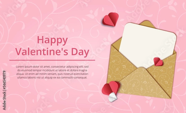 Fototapeta Valentine's day banner with envelope and blank sheet of paper and hearts; realistic 3d image; paper cut