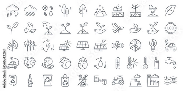 Fototapeta Big set of vector isolated line icons on the theme of ecology, climate, pollution and environmental conservation.