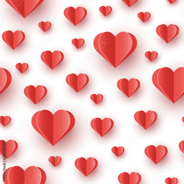 Fototapeta Floating hearts on white background. Seamless pattern with paper cut decorations. Design for Valentine’s Day. Vector illustration
