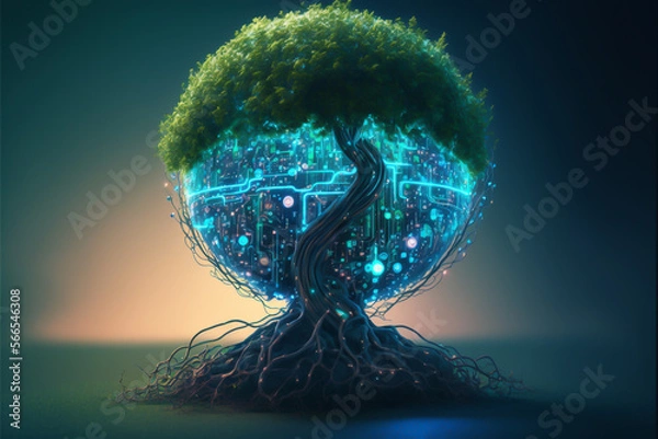 Fototapeta Technology and environmental sustainability concept. A tree is growing in the glass ball surrounding with digital technology. Environmental sustainability and technology development. generative ai.