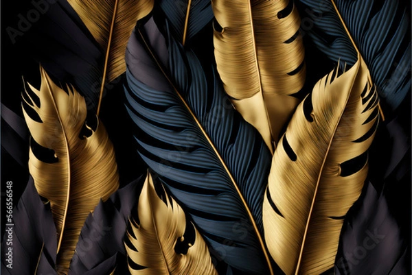 Fototapeta Stylish dark feather texture background. Colorful peacock feathers,Shallow Dof. Peacock feather , close up of black and gold feathers background. Top view