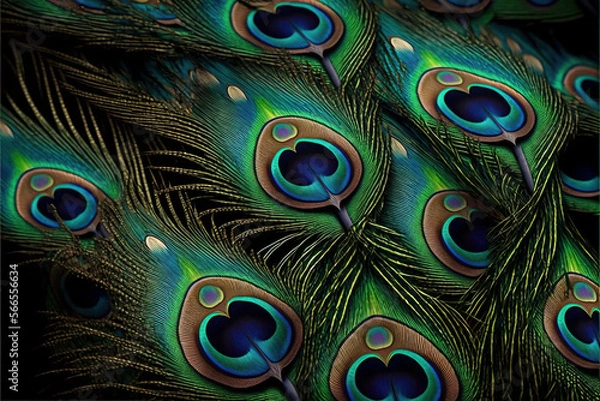 Fototapeta Stylish dark feather texture background. Colorful peacock feathers,Shallow Dof. Peacock feather , close up of black and gold feathers background. Top view