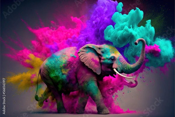 Fototapeta Elephant Happy Holi colorful background. Festival of colors, colorful rainbow holi paint color powder explosion isolated white wide panorama background.
