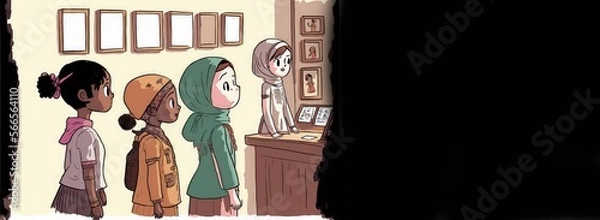 Fototapeta Exploring Culture and History: Diverse Girl Scouts Visit Local Museum illustration, copy space generative ai