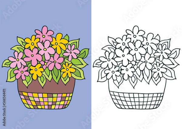 Obraz Coloring page with flowers in pot. Linear monochrome and colored version of illustration. Cute home flowers for coloring book.