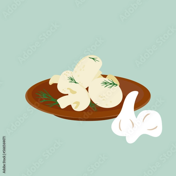 Fototapeta Champignons with dills on he red clay plate isolated on blue background. Cartoon vector illustration.