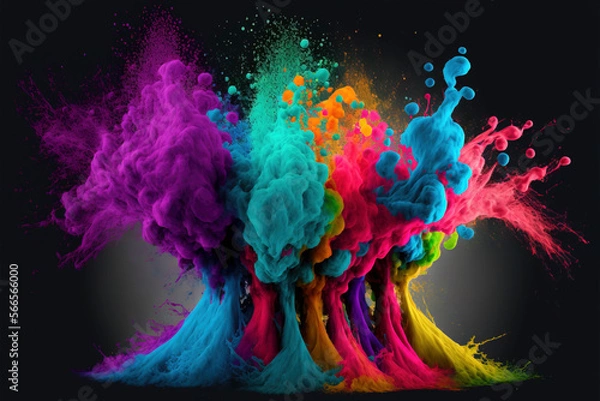 Fototapeta Happy Holi colorful background. Festival of colors, colorful rainbow holi paint color powder explosion isolated white wide panorama background.