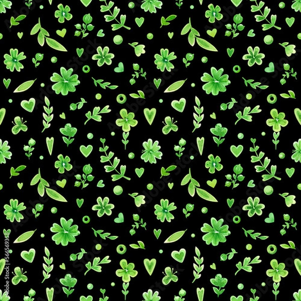 Fototapeta Watercolor green floral pattern. Flowers, hearts, stars, leaves and berries, isolated on a black background.  Seamless pattern.