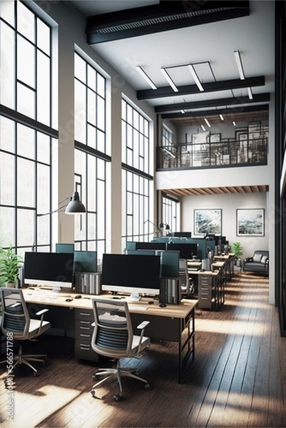 Obraz Modern office interior with desks, computers and windows created using generative ai technology