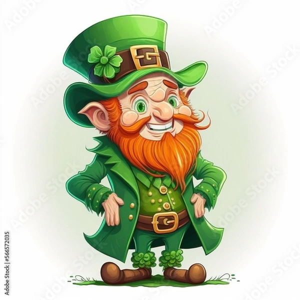 Obraz Smiling happy leprechaun in green hat on white background, created using generative ai technology