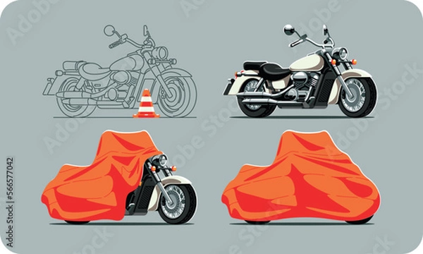 Obraz The motorcycle cruiser is in the garage protected by an orange cover. Motorcycle storage and delivery. Illustration of a custom motorcycle. Vector graphics.