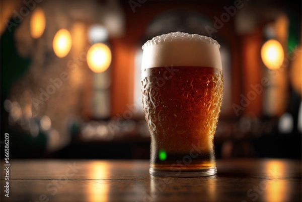 Fototapeta Beer & Text Space, Wooden table with beer glasses & bokeh lights, people in background blurred, Saint Patrick's day, fresh beer.