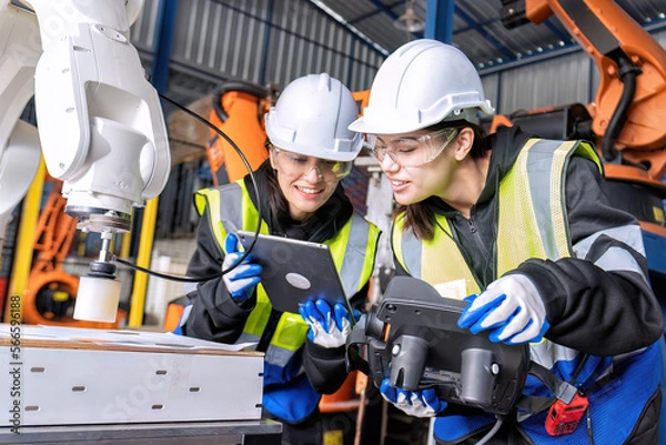 Fototapeta Women engineer team together at work in modern advanced robot welding machine sell service factory