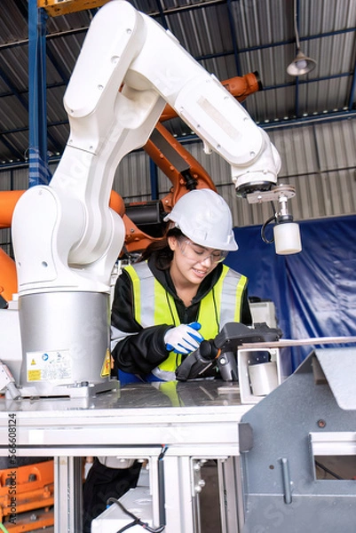 Obraz Young female asian service engineer holding robot controller operate robot arm automation factory
